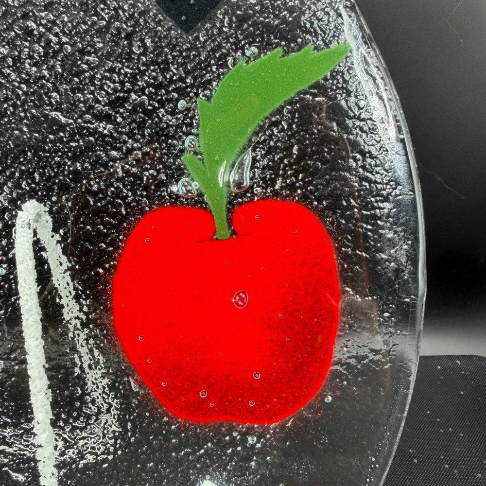 Peggy Karr Fused Glass Platter Black‎ White Checkerboard Apple Serving Tray 11